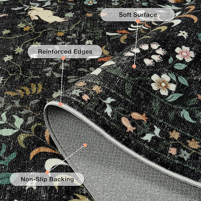 Runner Rug Washable Runners Kitchen Rugs Non Slip Neutral Floral Carpet Low Pile for Indoor Hallways Entryway Living Room Bedroom Laundry Soft Mat 2'6''x8' Black