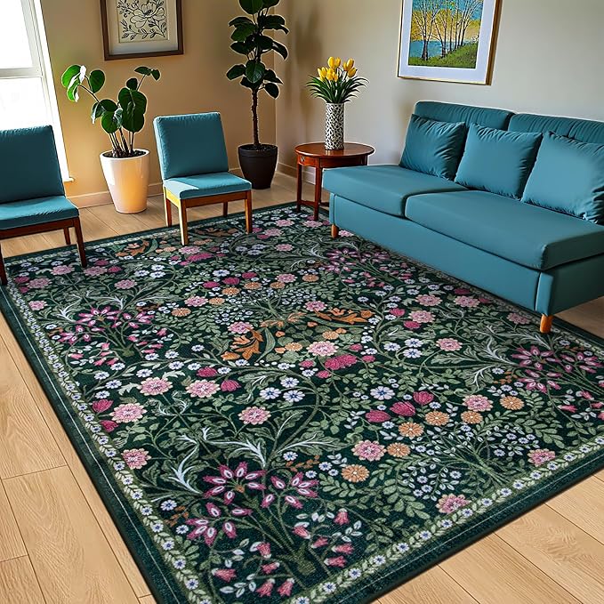 10x12 Area Rugs for Living Room: Floral Washable Rug Vintage Large Soft Boho Non-Slip Carpet Stain Resistant Low Pile Carpets for Bedroom Dining Room Farmhouse Nursery Hallway Home Office Dark Green
