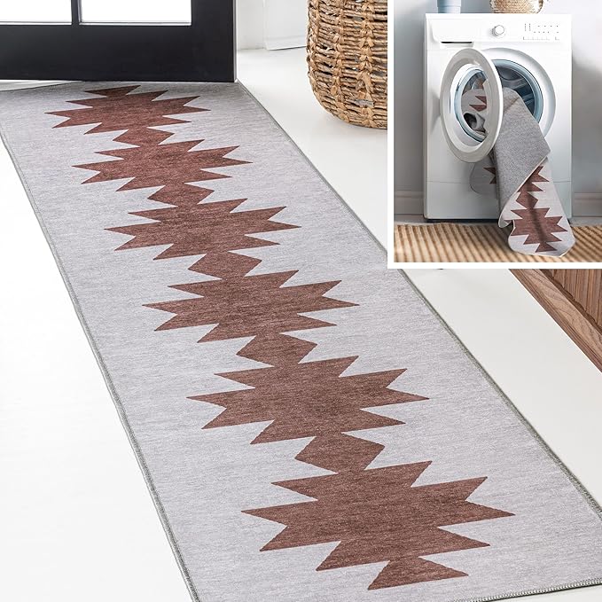 JONATHAN Y Machine Washable Gray/Brown Runner Rug 2X8 ft, Chayton Minimalist Geometric for Living Room, Bedroom, Kitchen, Office, Easy-Cleaning, High Traffic, Pet-Friendly, Non-Shedding (WSH110E-28)
