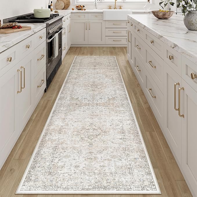 2.6x8 Washable Vintage Runner Rug for Living Room Bedroom Beige Grey Soft Tranditional Non Slip Runner Rug Lightweight Floral Low Pile Distressed Carpet Hallway Kitchen Bedroom