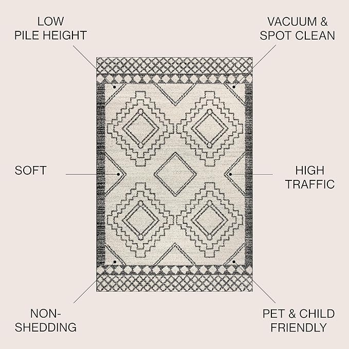 JONATHAN Y Amir Moroccan Beni Souk Cream/Black 8' Round Indoor Area Rug, Bohemian, Scandinavian, Easy-Cleaning for Living Room, Bedroom, Kitchen, Pet Friendly, Non-Shedding (MOH200A-8R)