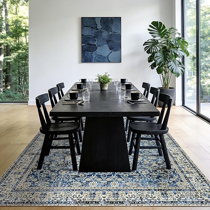 Blue Area Rugs 5x7 Vintage Boho Flower Distressed Low Pile Rug with Rubber Backing Dark Blue Non Slip Stain Resistant 5x7 Washable Rug for Living Room Bedroom Dining Room Carpet for Under Table