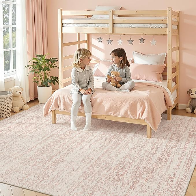 Pink 8x10 Area Rugs for Baby Girl Nursery, Washable Rugs Vintage Floral Non-Slip Low Pile Soft Throw Carpet for Living Room Dining Room Bedroom Kids Playroom (Pink, 8'x10')