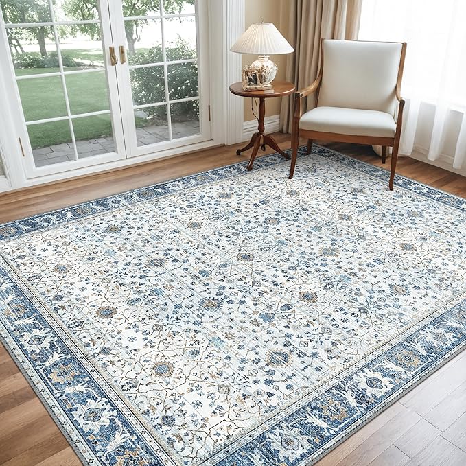 GENIMO Machine Washable 6x9 Area Rugs for Living Room, Non Slip Vintage Rugs, Low Pile Lightweight Chenille Print Rug for Bedroom, Dining Room, Home Office, Retro Light Blue