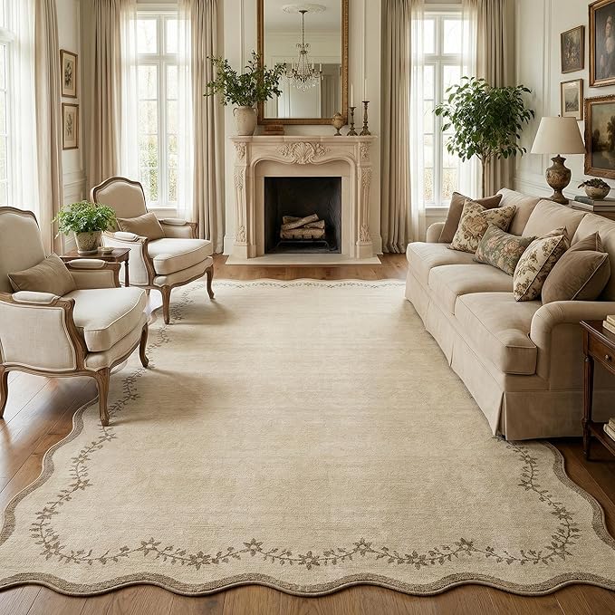 GarveeHome Scalloped Area Rugs 8x10 for Living Room, Solid Tan Jute Large Washable Rug Soft Non Slip Backing Floor Mat Carpet Indoor Thin Rug for Bedroom Dining Room Playroom Nursery Home Decor