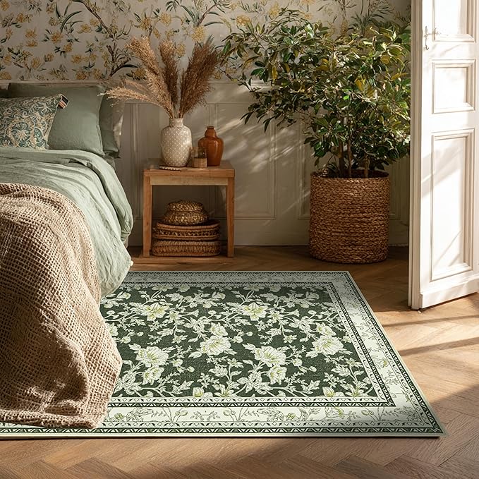 Olive Green Floral Print Area Rugs for Bedroom Living Room Boho Farmhouse Country Rustic Dining Room Carpet Soft Washable Rugs Non Slip Floor Covering for Nursery Playroom 3x5