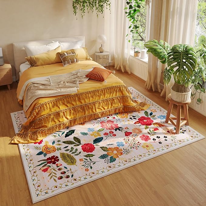 Rugcomf Area Rugs 9x12 Living Room Clearance Washable Boho Rug Non Slip Floral Vintage Low Pile Large Rug for Living Room, Bedroom, Farmhouse, Dining Room, Kids Playroom(Beige)