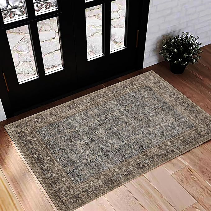 Washable Area Rug 2'x3' Door Mat Vintage Distressed Doormat Indoor Entrance Traditional Thin Rug Floral Print Non Slip Carpet for Kitchen Bathroom Bedroom Living Room