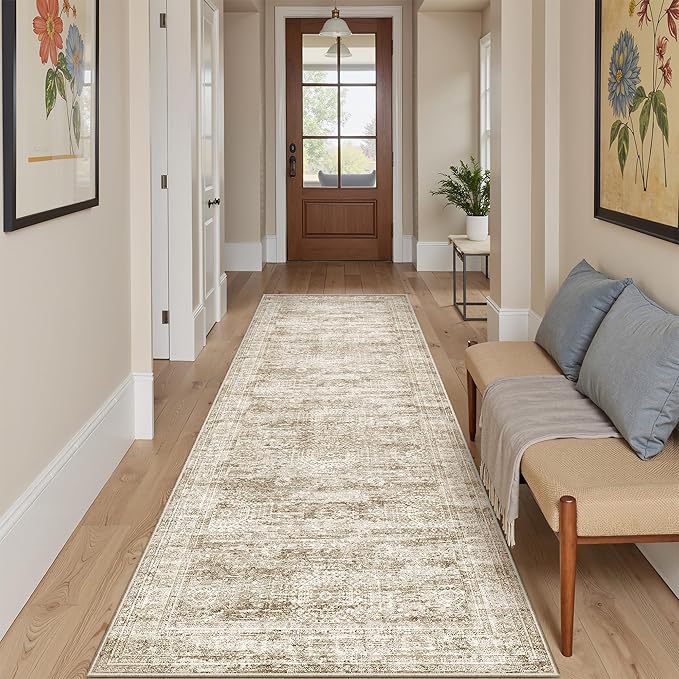 Runner Rug 2'6" x 10' Washable Non-Slip Runner Rugs for Kitchen Bathroom Laundry Room Vintage Ultra Thin Runners for Hallway Entryway Brown
