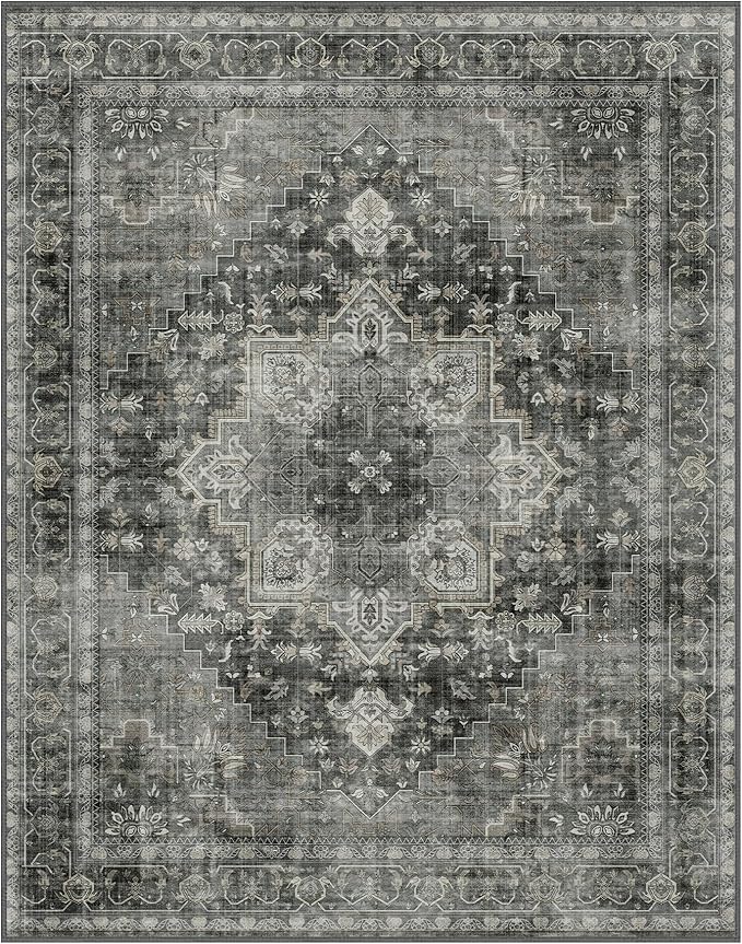 GENIMO 8x10 Area Rugs for Living Room, Machine Washable Non Slip Vintage Rugs, Low Pile Lightweight Chenille Print Rug for Bedroom, Dining Room, Home Office, Charcoal Gray