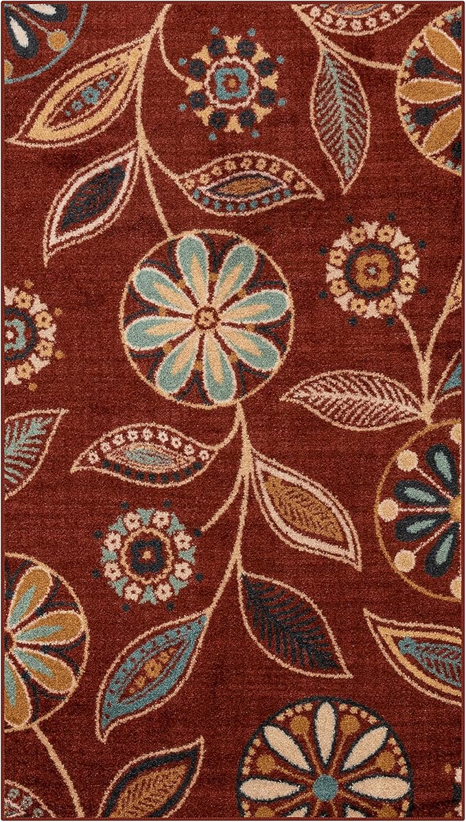 Maples Rugs Reggie Floral Area Rug - Made in USA - Washable, Non Slip, Pet-Friendly Mats for Living Room, Bedroom, and Office, 3'4" x 6', Merlot