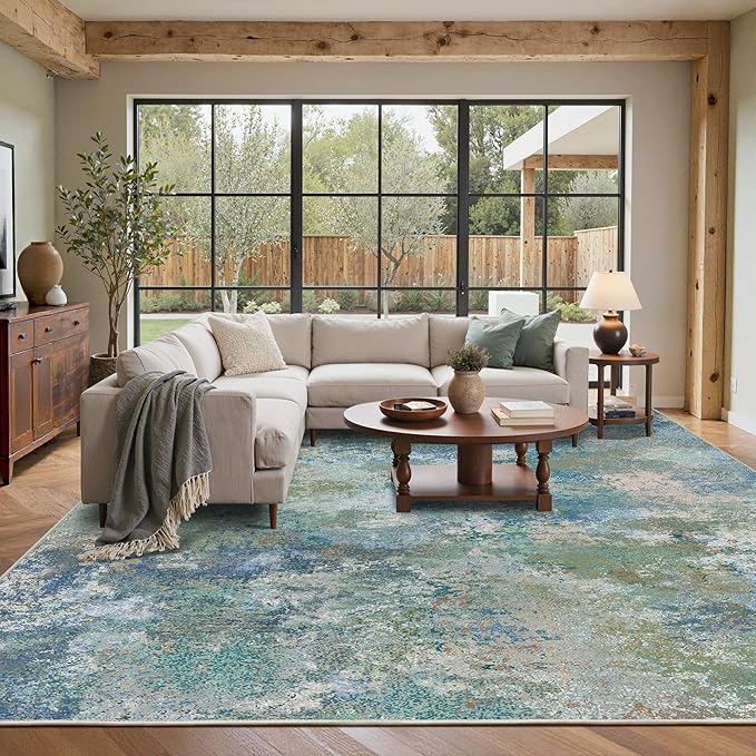 Area Rugs 10x14 for Living Room Bedroom, Modern Abstract Machine Washable Rug, Large Soft Low Pile Floor Carpet with Non Slip Backing for Dining Room, Blue Green