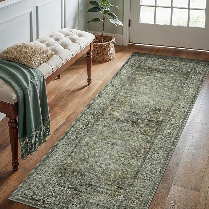 Runner Rug for Hallway Kitchen, 2x8 Machine Washable Runners Rug for Entryway, Soft Modern Boho Throw Rugs, Low Pile Floor Cover with Non Slip Backing, Distressed Light Greyish Sage Green