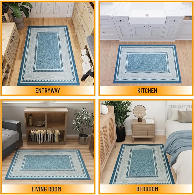 Ottomanson 3'3" x 5' Rugs for Living Room Border Area Rug for Bedroom - Non Slip Durable Large Floor Carpet for High Traffic Areas - Indoor Rug for Dining Room Kitchen Kids Playroom, Turquoise