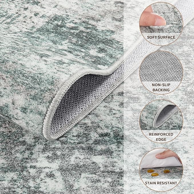 9x12 Area Rug Living Room Rugs - Washable Neutral Modern Abstract Soft Thin Large Rug Indoor Floor No Slip Rug Carpet for Bedroom Under Dining Table Home Office Decor - Green/Grey