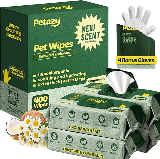 400 Dog Wipes for Paws and Butt Ears Eyes | XL 8x8 Natural Pet Wipes for Dogs | Chamomile Dog Wipes Cleaning Deodorizing | Extra Thick Paw Wipes for Dogs Cats Pets | 4 Bonus Glove Wipes