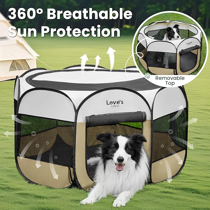 Love's cabin Pet Puppy Dog Playpen, Small Dog Tent Crates Cage Indoor/Outdoor, Portable Playpen for Cat, Foldable Pop Up Dog Kennel Playpen with Carring Case, Removable Zipper Top, Khaki