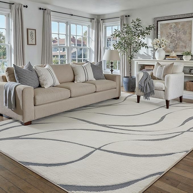 HUGEAR Shag Area Rug 5x7 Grey & Ivory Washable Living Room Bedroom Rug Non Slip Non-Shedding Soft Plush Medium Pile Large Throw Carpet for Home Office Aesthetic Modern Decor