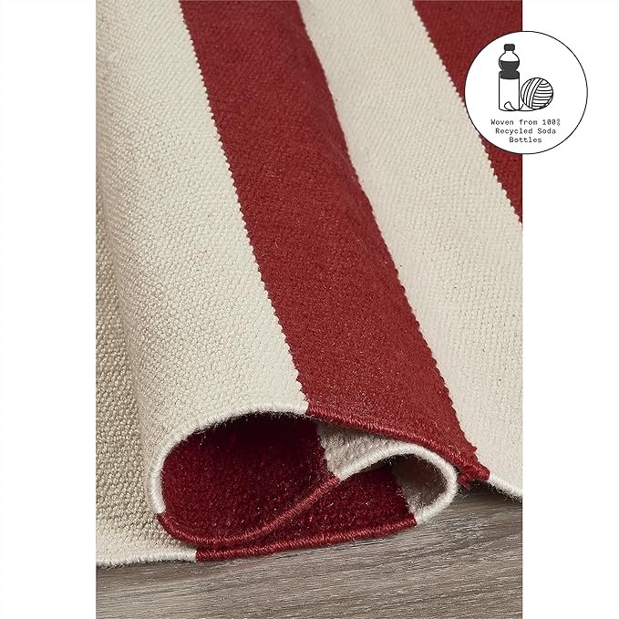 Fab Habitat Machine Washable Area Rug - Hand Woven, Stain Resistant, Pet Friendly - Premium Recycled Polyester Yarn - Stripes - Bedroom, Living Room - Nantucket - Red & White - 4 x 6 ft