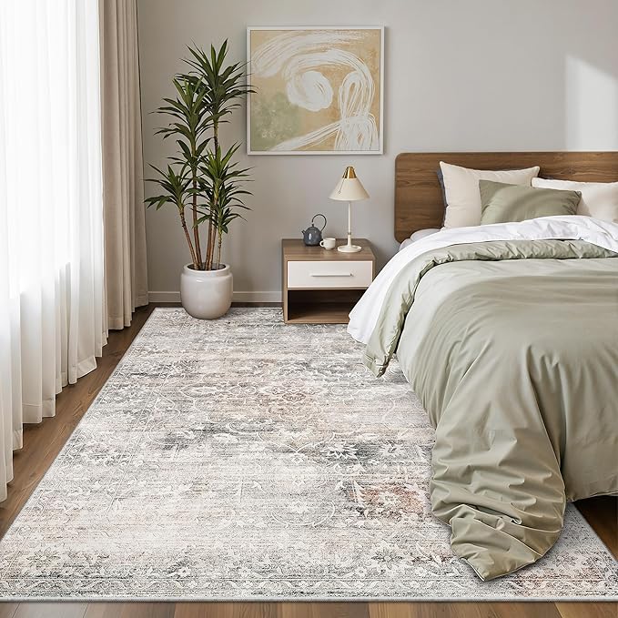 6x9 Area Rugs for Living Room, Stain Resistant Neutral Washable Rugs for Dining Room, Floral Vintage Non-Slip Thin Area Rug Farmhouse Rug Taupe