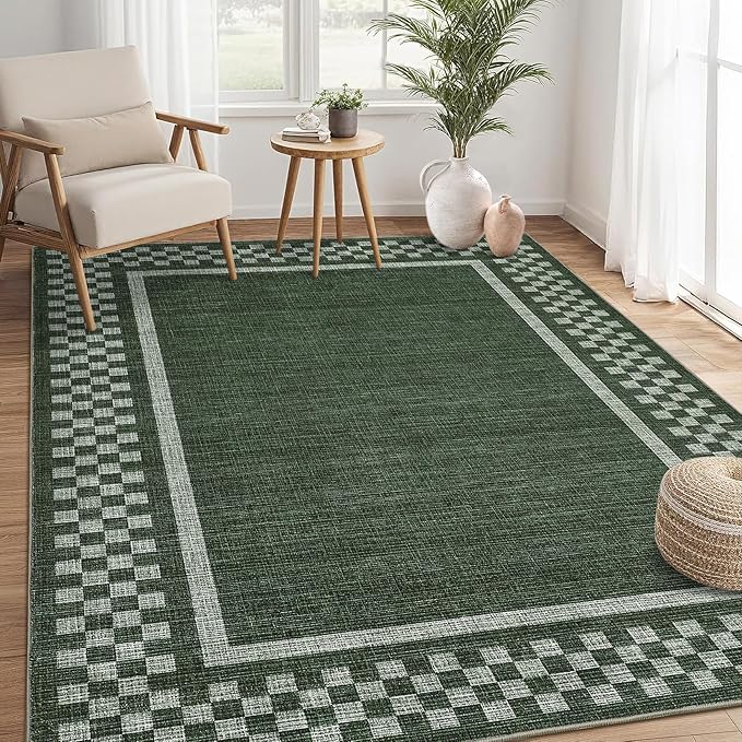 GarveeHome Modern Bordered 8x10 Area Rugs for Living Room Bedroom Soft Washable Large Bedroom Throw Carpet Non Slip Checkered Geometric Rugs for Dining Room Home Decor Office, Green