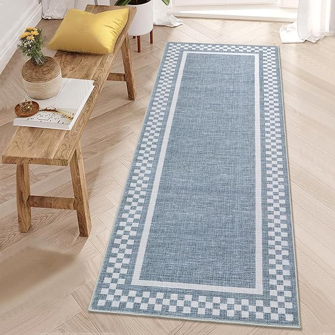 GarveeHome Kitchen Runner Rug Washable Runner Rug 2x6 for Hallway Non Slip Soft Throw Runner Carpet Modern Bordered Bathroom Mat Low Pile Checkered Runner Rugs for Bedroom Living Room Entry, Blue