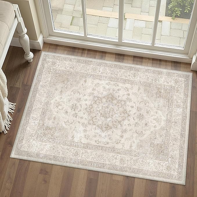 Beige Area Rug 2x3 Washable Vintage Small Carpet for Entryway Kitchen Soft Retro Low Pile Thin Door Mat Non Slip Oriental Medallion Throw Rug for Bathroom Office Bedroom Dining Room
