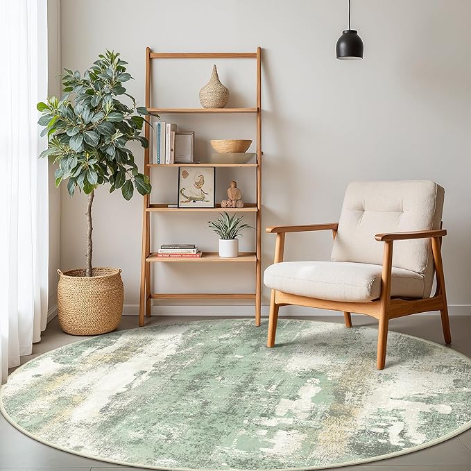 Round Rugs 4FT for Living Room Bedroom, Modern Abstract Machine Washable Circle Rug, Soft Low Pile Floor Cover with Non Slip Backing for Dining Room, Light Green