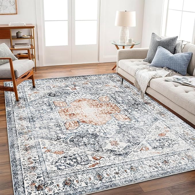 Area Rug 10x14 Washable Orange Gray Vintage Traditional Mat Distressed Indoor Foldable Thin Retro Accent Floral Non Slip Carpet for Living Room Dining Room Office