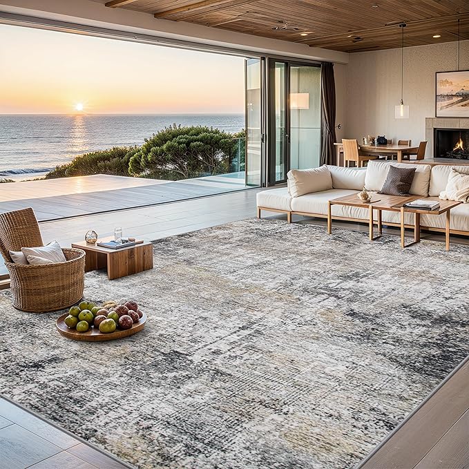 Area Rugs 9x12 Living Room - Washable Rug Modern Abstract Soft Large Neutral Non-Slip Carpet Indoor Floor Thin Carpets for Bedroom Dining Room Farmhouse Nursery Home Office Brown Black Grey