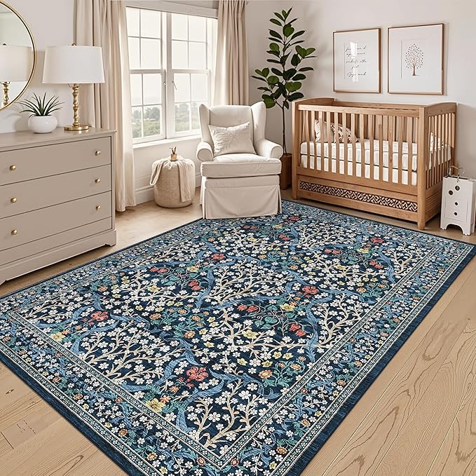 GarveeHome Washable Rug for Living Room, 9x12 Large Area Rug for Dining Room Under Table, Bedroom, Floral Soft Low Pile Non Slip Stain Resistant Carpet for Nursery, Playroom, Office, Dark Blue