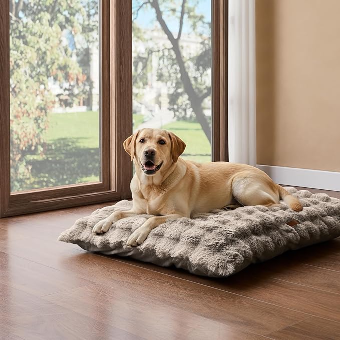 WDCOZY Fluffy Dog Crate Beds for Large Dog, Plush Faux Fur Kennel Pad with Removal Washable Cover, Soft Pet Mat for Sleeping & Ease Anxiety, Anti-Slip Bottom for Pet Up to 90 lbs, 41"x27", Beige