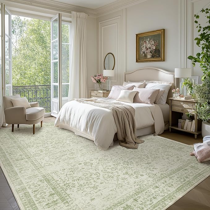 Light Green Nursery Rug Boy Girl 6x9 Area Rugs Washable Non Slip Low Pile Soft Boho Neutral Floral Print Throw Carpet for Living Room Dining Room Sage Green Dining Room Rugs for Under Table 6 x 9