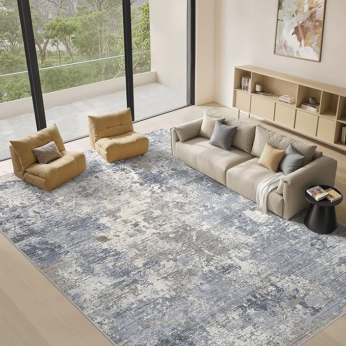Area Rugs for Living Room: 5x7 Abstract Washable Rug Modern Neutral Large Soft Stain Resistant Non-Slip Backing Machine Table for Bedroom Dining Room Indoor Home Office Carpet - Light Denim Blue