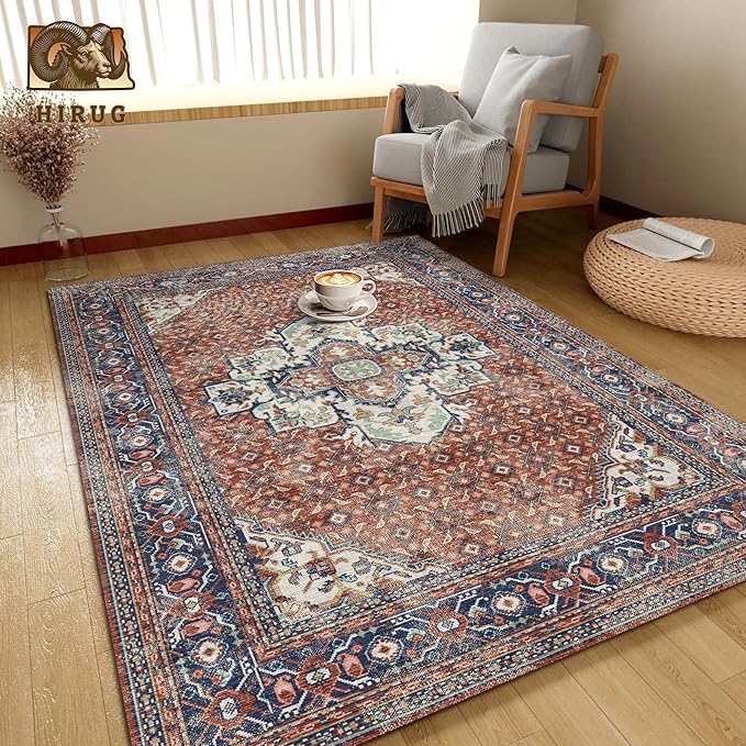 Washable Area Rug 5' x 7' Vintage Traditional Persian Mat - Foldable Distressed Non-Slip Machine Washable Carpet for Living Room Bedroom Kitchen Home Decor - Terracotta and Navy