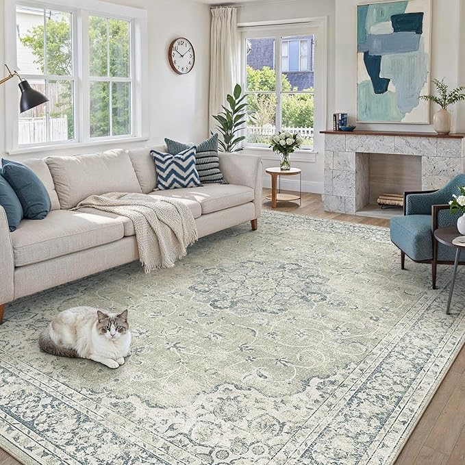 HUGEAR Machine Washable Area Rugs 8x10 Vintage Sage Green Large Living Room Bedroom Rug Neutral Style Non Slip Stain Resistant Low Pile Throw Carpet for Home Retro Aesthetic Modern Decor