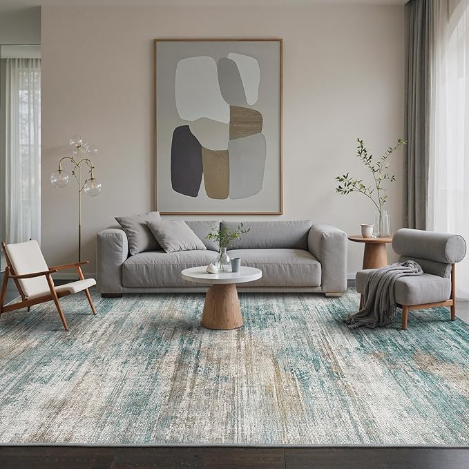Area Rugs 3x5 for Living Room Bedroom, Modern Abstract Machine Washable Rug, Soft Low Pile Floor Carpet with Non Slip Backing for Entryway, Teal/Grey