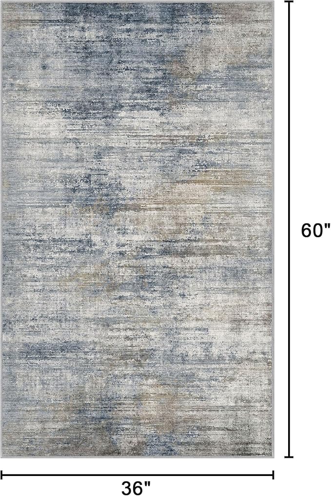 Bavni Washable Rug, Soft Abstract Rugs Non-Slip, Thin Foldable 3x5 Rug, Modern Stain Resistant Area Rug for Living Room, Kitchen, Bedroom, Blue/Light Grey