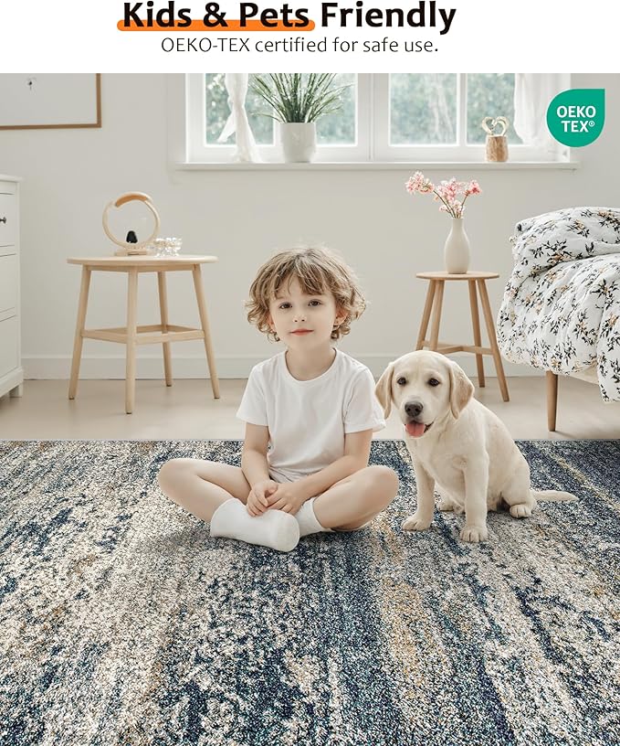Art&Tuft Washable 9x12 Area Rug, Anti-Slip Backing Abstract Area Rugs 9x12 Living Room, Stain Resistant Rugs for Living Room, Foldable Machine Washable Area Rug (TPR19-Navy, 9'x12')