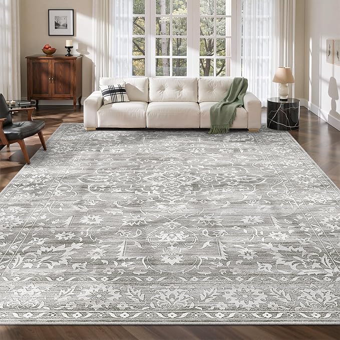 9x12 Washable Area Rugs for Living Room, Vintage Floral Stain Resistant Non-Slip Low Pile Natural Rug Soft Throw Large Carpet for Dining Room Bedroom Farmhouse Home Office (Grey, 9'x12')
