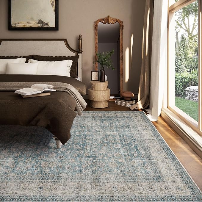 Machine Washable Living Room Rug: 8x10 Area Rugs for Bedroom Vintage Stain Resistant Non Slip Low Pile Lightweight Boho Carpet for Kitchen Dining Room Farmhouse Kids Room Nursery