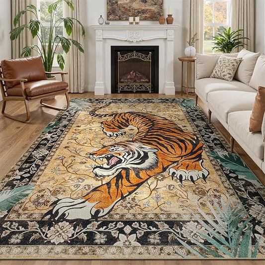 DCX Washable 6x9 Tiger Area Rug, Brown Vintage Animal Rug for Living Room, Soft Low Pile Carpet, Kid & Pet Friendly with Rubber Back Non Slip, Stain Resistant Rug for Bedroom Dining Room Office