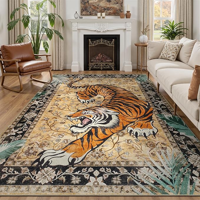 DCX Washable 9x12 Tiger Area Rug, Brown Vintage Animal Rug for Living Room, Soft Low Pile Carpet, Kid & Pet Friendly with Rubber Back Non Slip, Stain Resistant Rug for Bedroom Dining Room Office