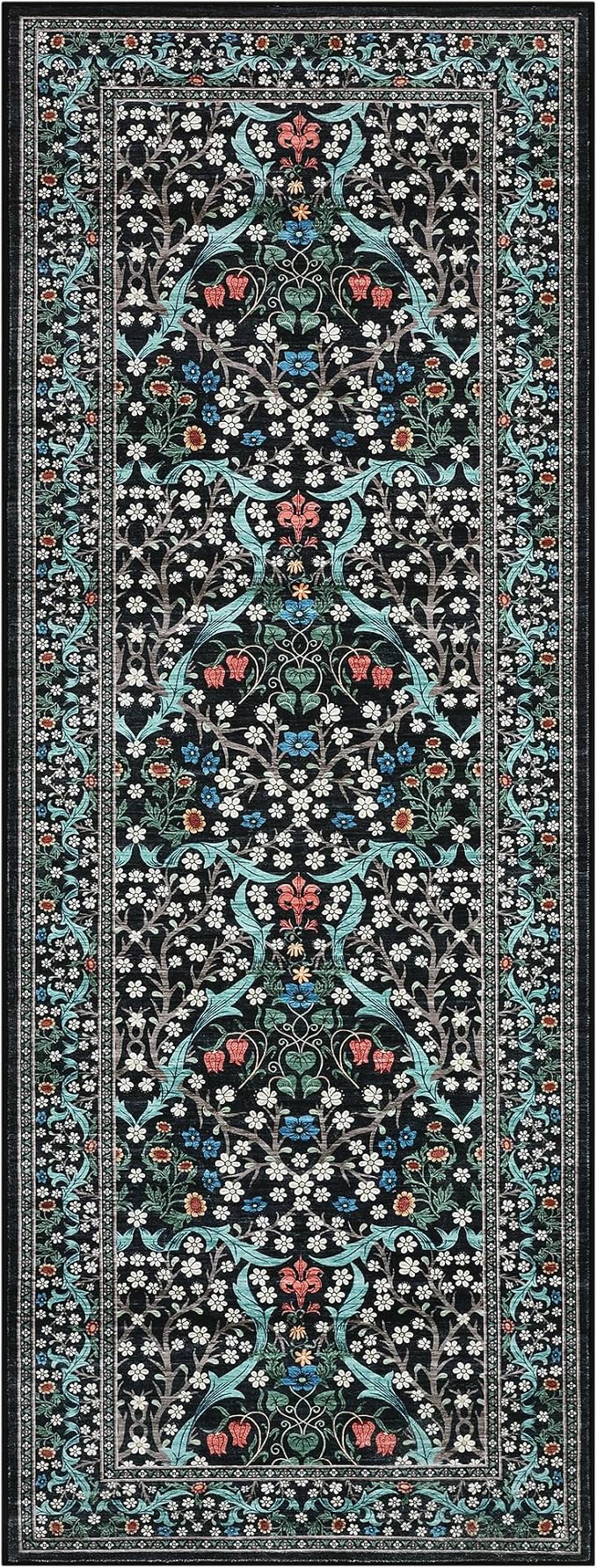 GarveeHome Floral Hallway Runner Rug, 2.5x8 Kitchen Runner Rugs, Washable Non Slip Entryway Rugs Indoor, Ultra-Thin Stain Resistant Carpet Floor Mat for Laundry Room, Black