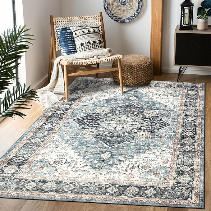 Area Rug 3횞5, Vintage Boho Rug,Ultra-Soft Low Pile, Washable, Non Slip,Stain Resistant Printed Carpet for Living Room Bedrooms Playroom Office Kitchen, Blue/Navy
