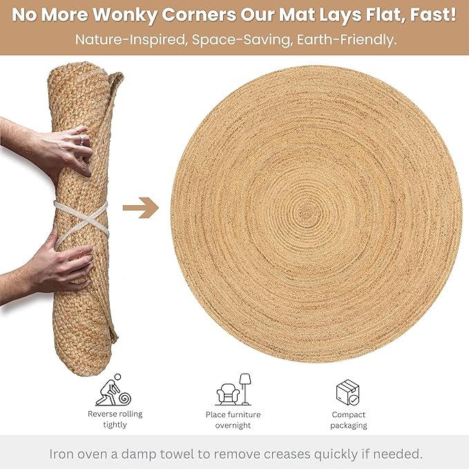 Hausattire Jute Braided Hand Woven Rug, 8 Feet Round ??Natural, Boho Large Area Rugs for Bedroom, Living Room | Farmhouse D챕cor Kitchen Floor Rug ??8??Round
