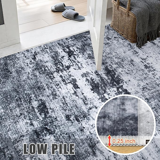 9x12 Area Rug Living Room Rug: Washable Modern Abstract Soft Thin Rug Indoor Floor No Slip Stain Resistant Carpet for Bedroom Dining Room Farmhouse Nursery Home Office - Black
