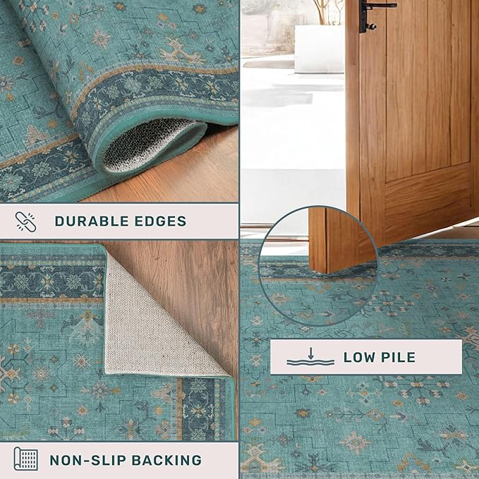 5x7 Teal Rug for Living Room, Boho Turquoise Rugs for Bedroom, Modern Eclectic Low-Pile Carpet for Dining Table, Washable Non-Slip with Rubber Back