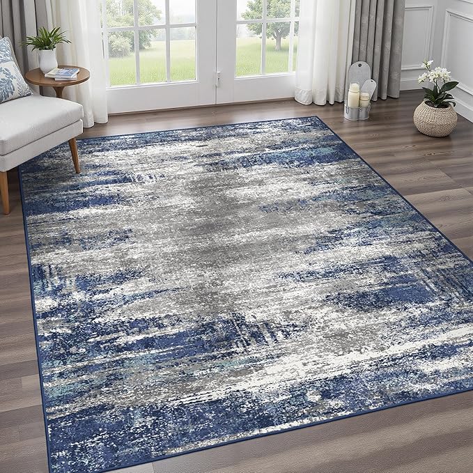 Area Rugs 8x10 for Living Room Bedroom, Modern Abstract Machine Washable Rug, Large Soft Low Pile Floor Cover with Non Slip Backing for Dining Room, Navy Blue Gray