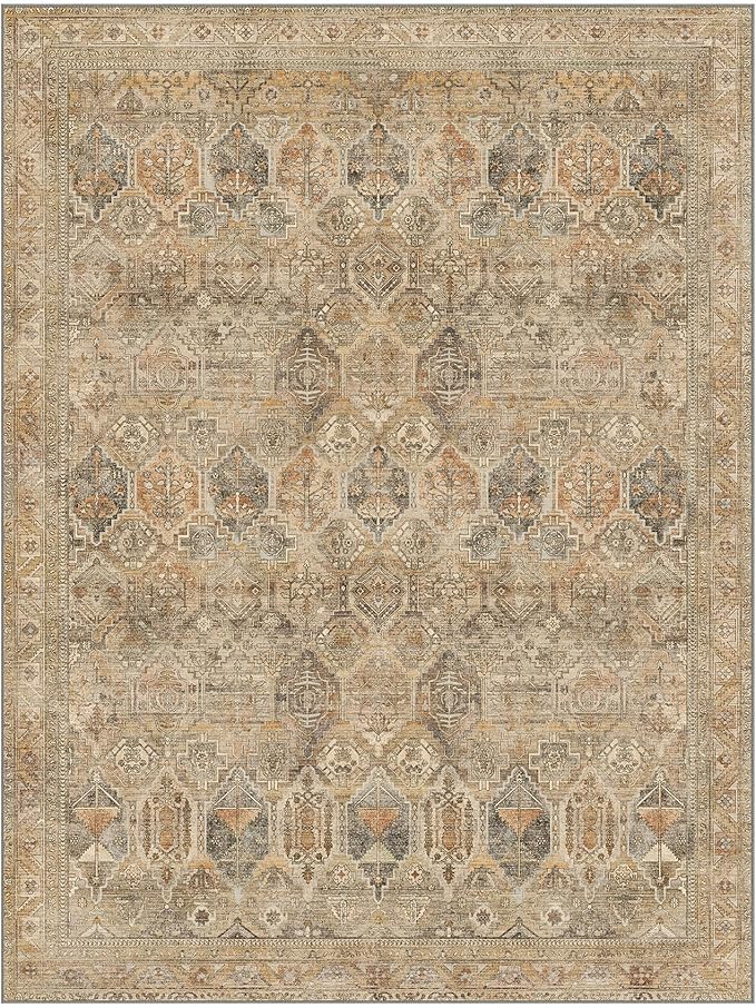 Bavni Washable Rug 5x7 Area Rug for Living Room Bedroom Dining, Washable Vintage Print Carpet, Ultra-Thin Chenille Low Pile Lightweight Rug with Non Slip Backing, Wood
